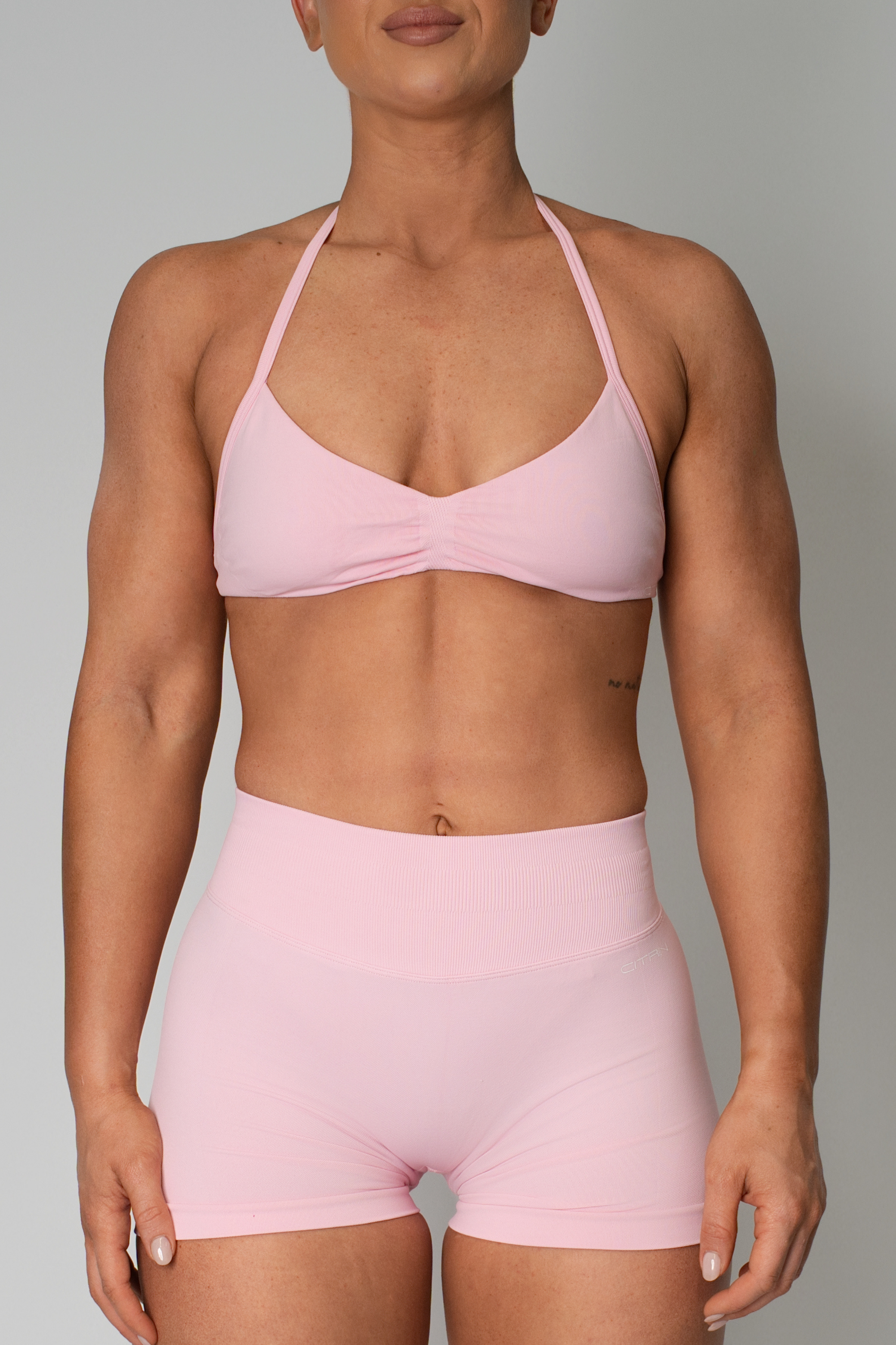 TRUE SHAPE MINIMAL RUCHED HALTER CROP - BABY PINK