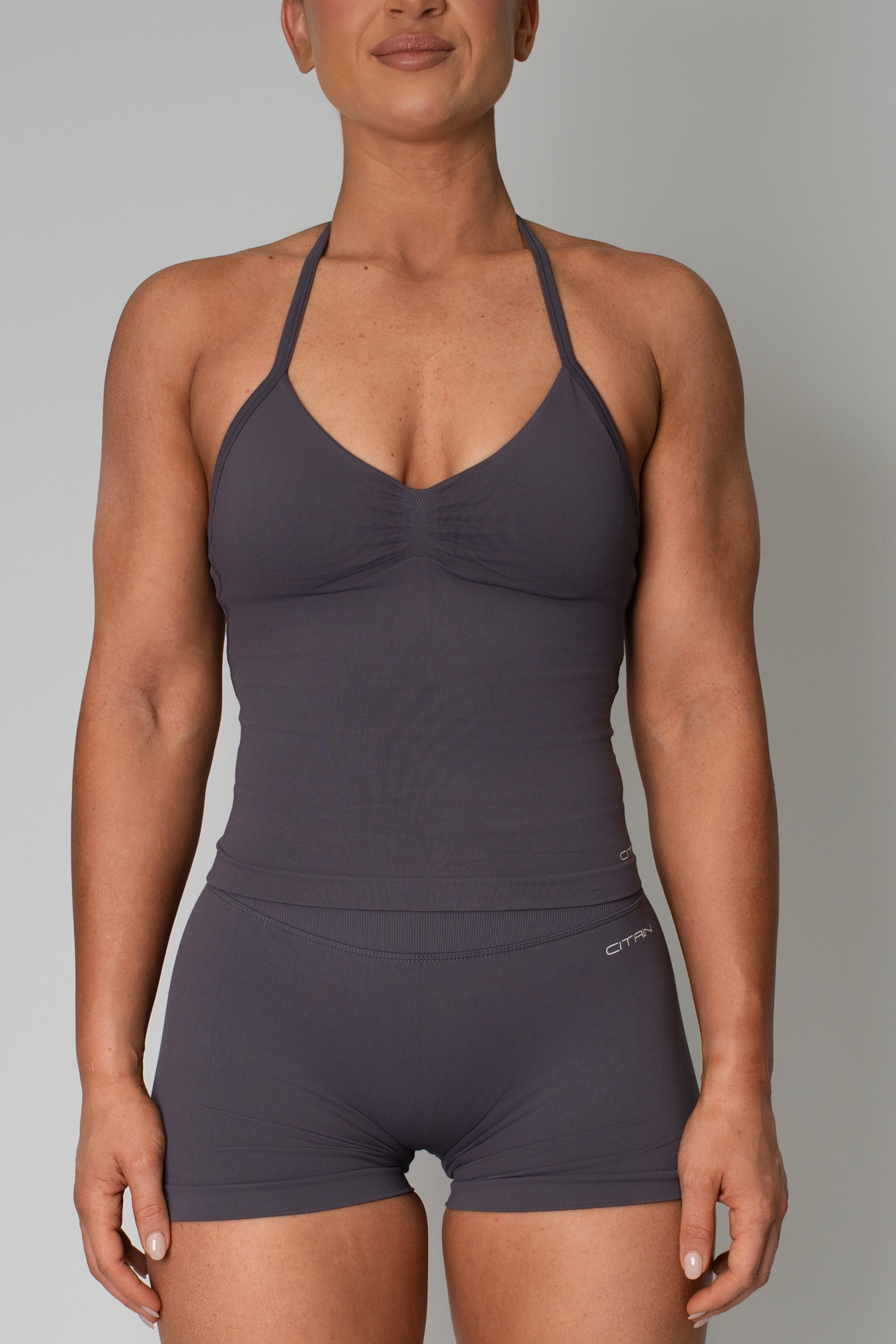 TRUE SHAPE RUCHED HALTER TANK - GREY