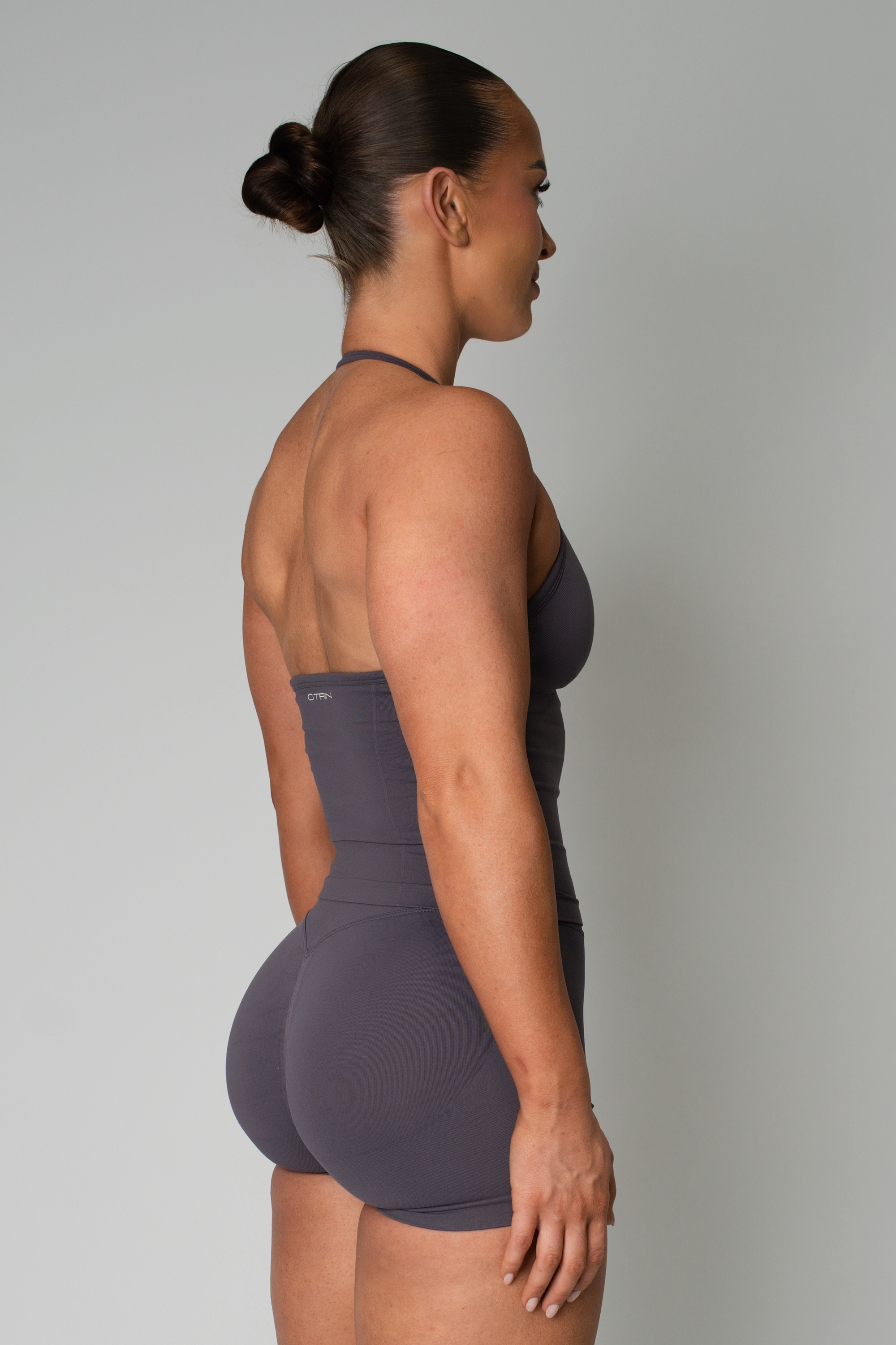 TRUE SHAPE RUCHED HALTER TANK - GREY