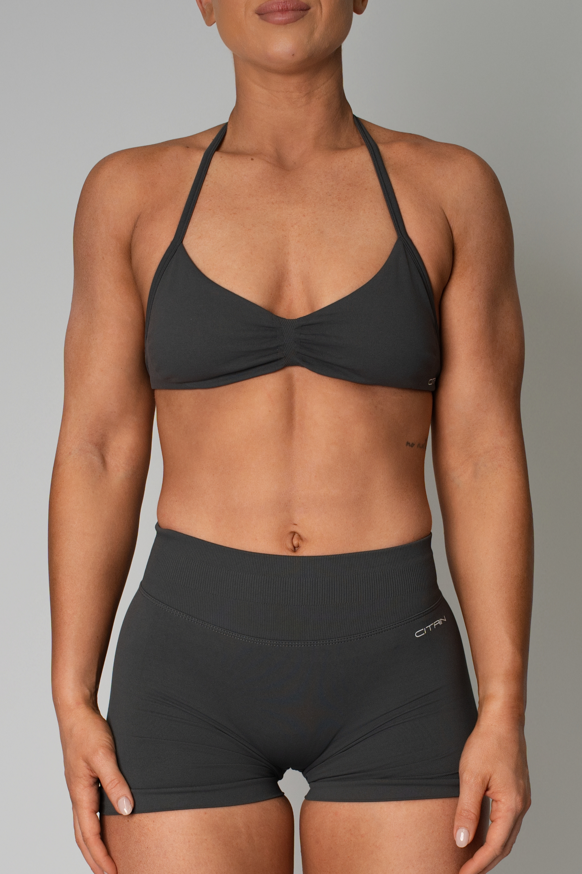 TRUE SHAPE MINIMAL RUCHED HALTER CROP - DARK GREY