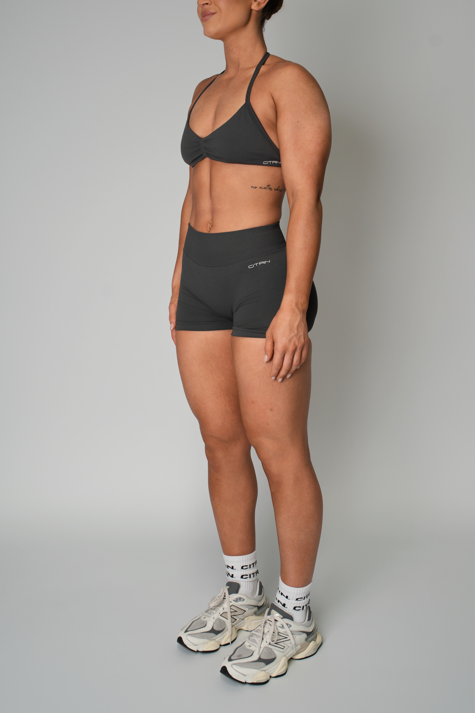 TRUE SHAPE MINIMAL RUCHED HALTER CROP - DARK GREY
