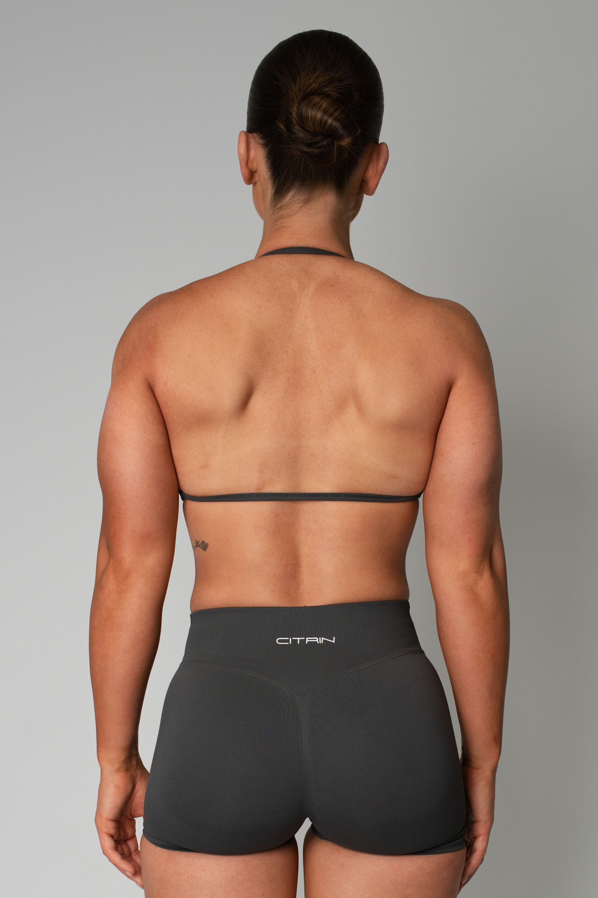 TRUE SHAPE MINIMAL RUCHED HALTER CROP - DARK GREY