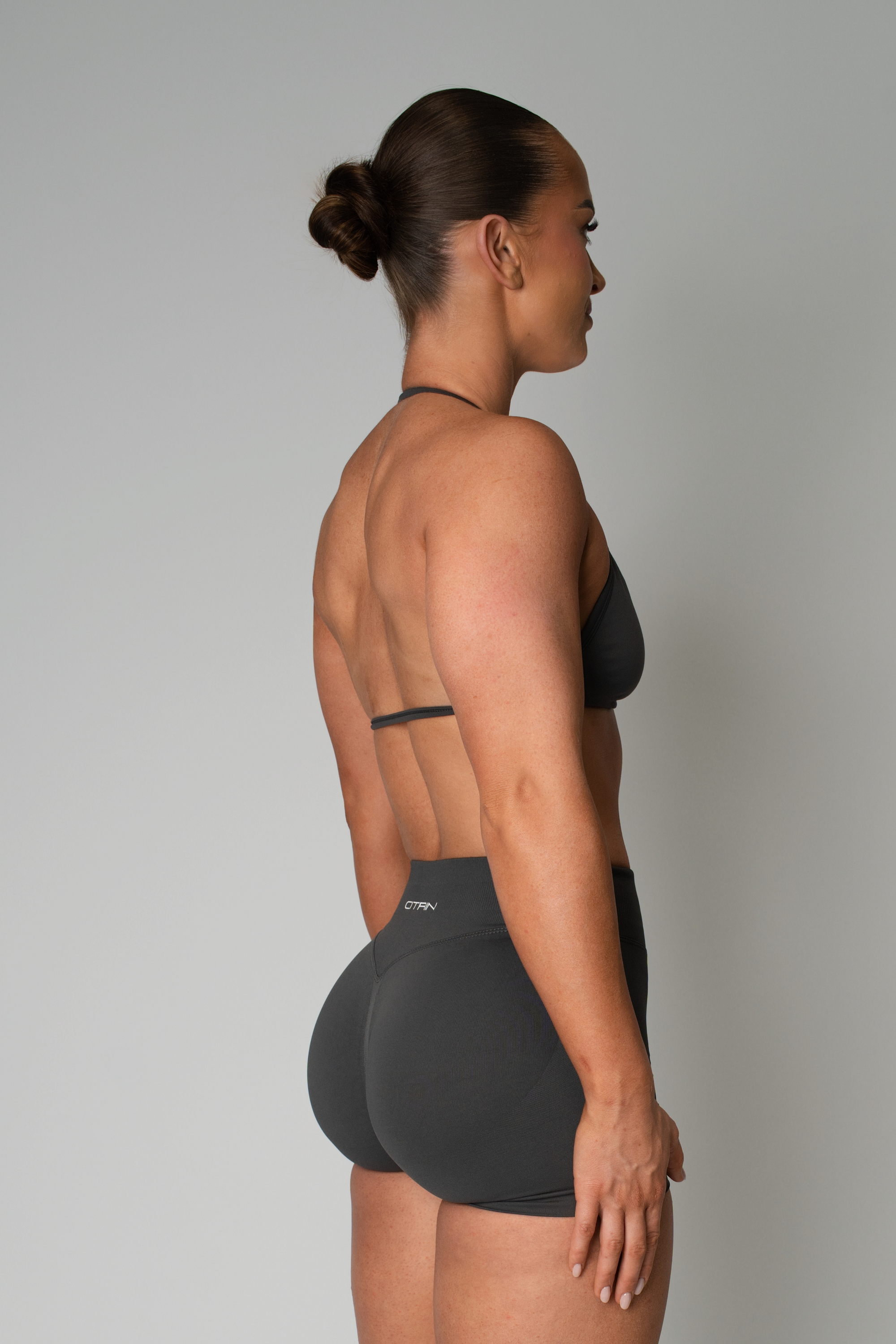 TRUE SHAPE MINIMAL RUCHED HALTER CROP - DARK GREY