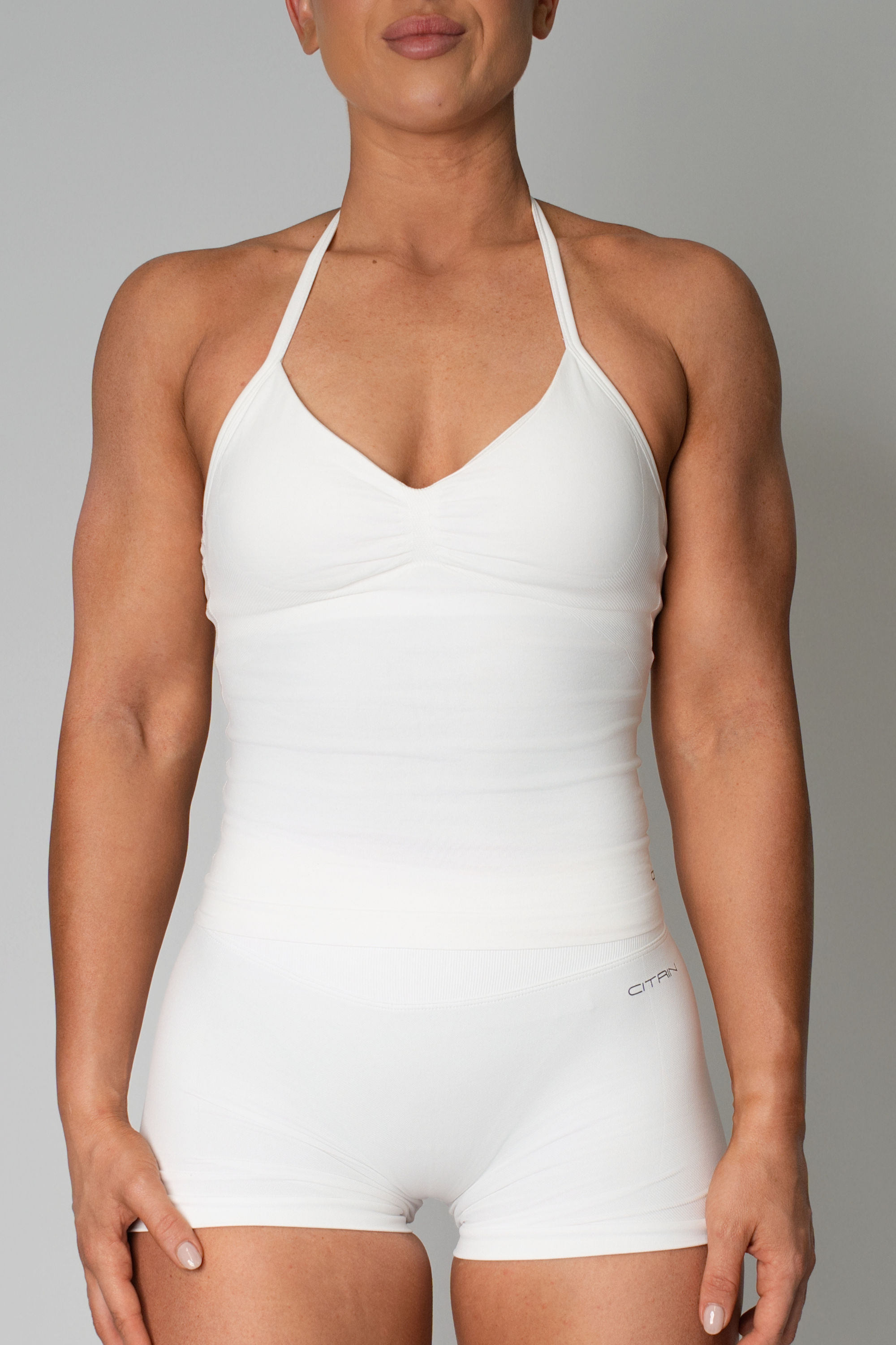 TRUE SHAPE RUCHED HALTER TANK - WHITE