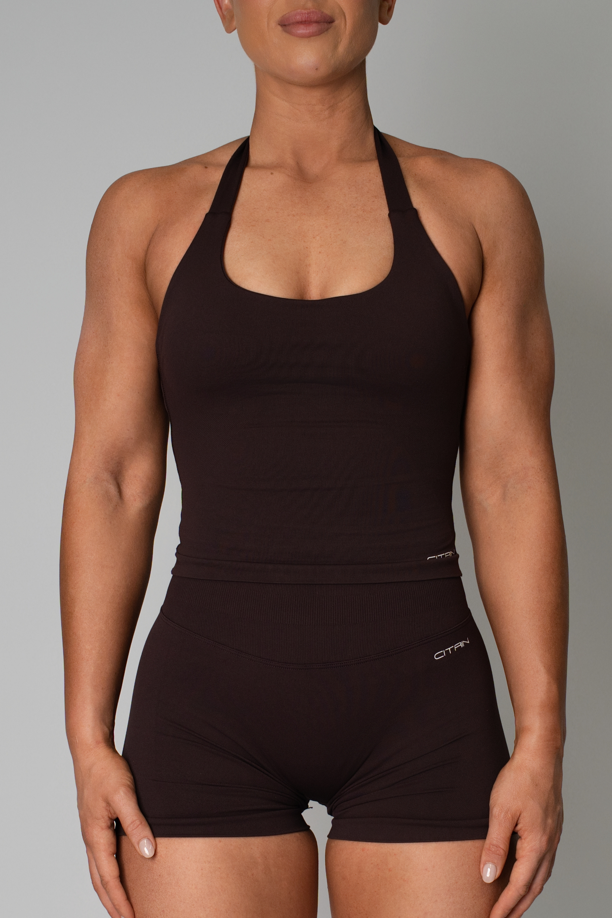 TRUE SHAPE BASIC HALTER TANK - DARK BROWN