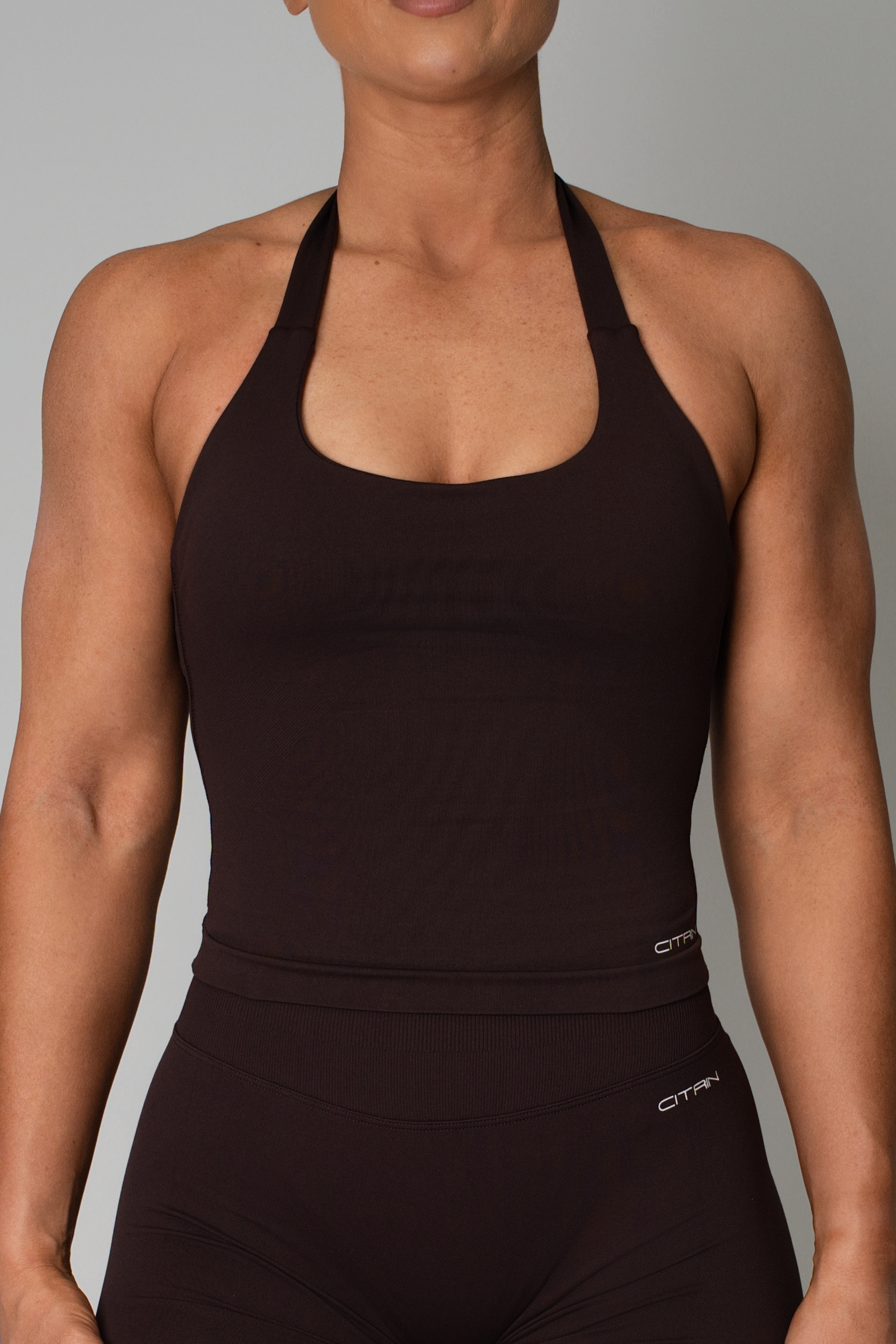 TRUE SHAPE BASIC HALTER TANK - DARK BROWN