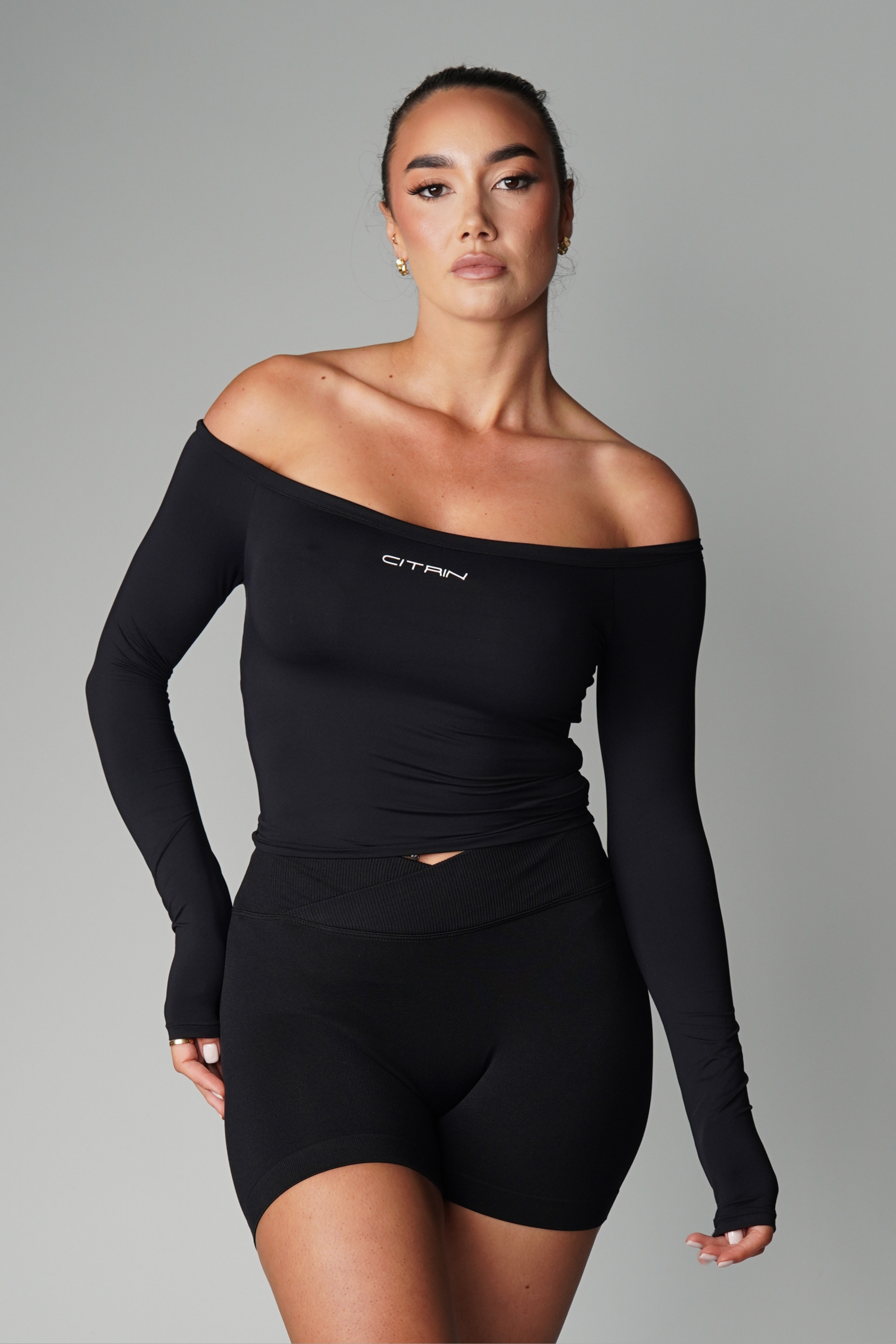 BODYCON OFF SHOULDER LONG SLEEVE TOP - BLACK