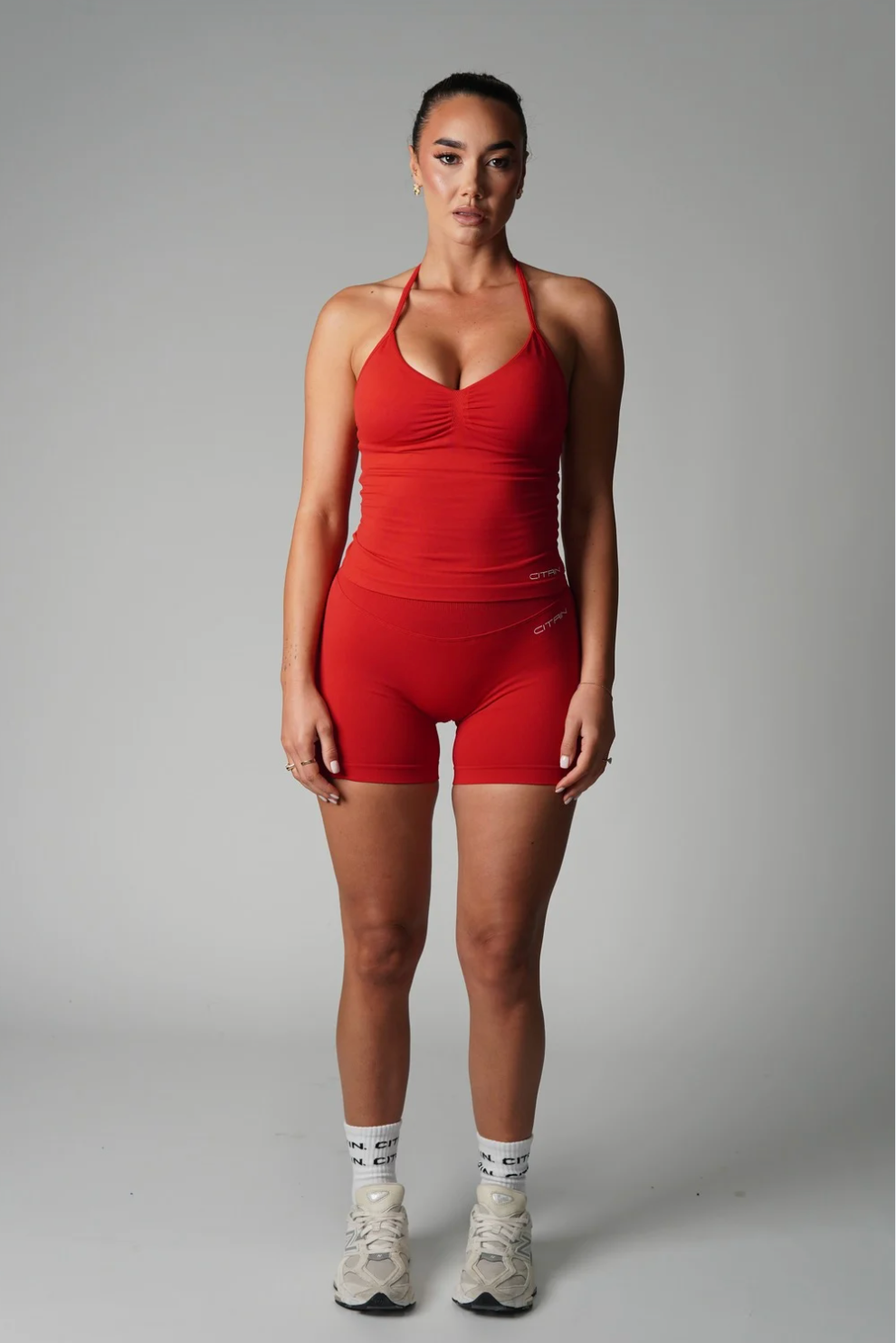 TRUE SHAPE RUCHED HALTER TANK - RED
