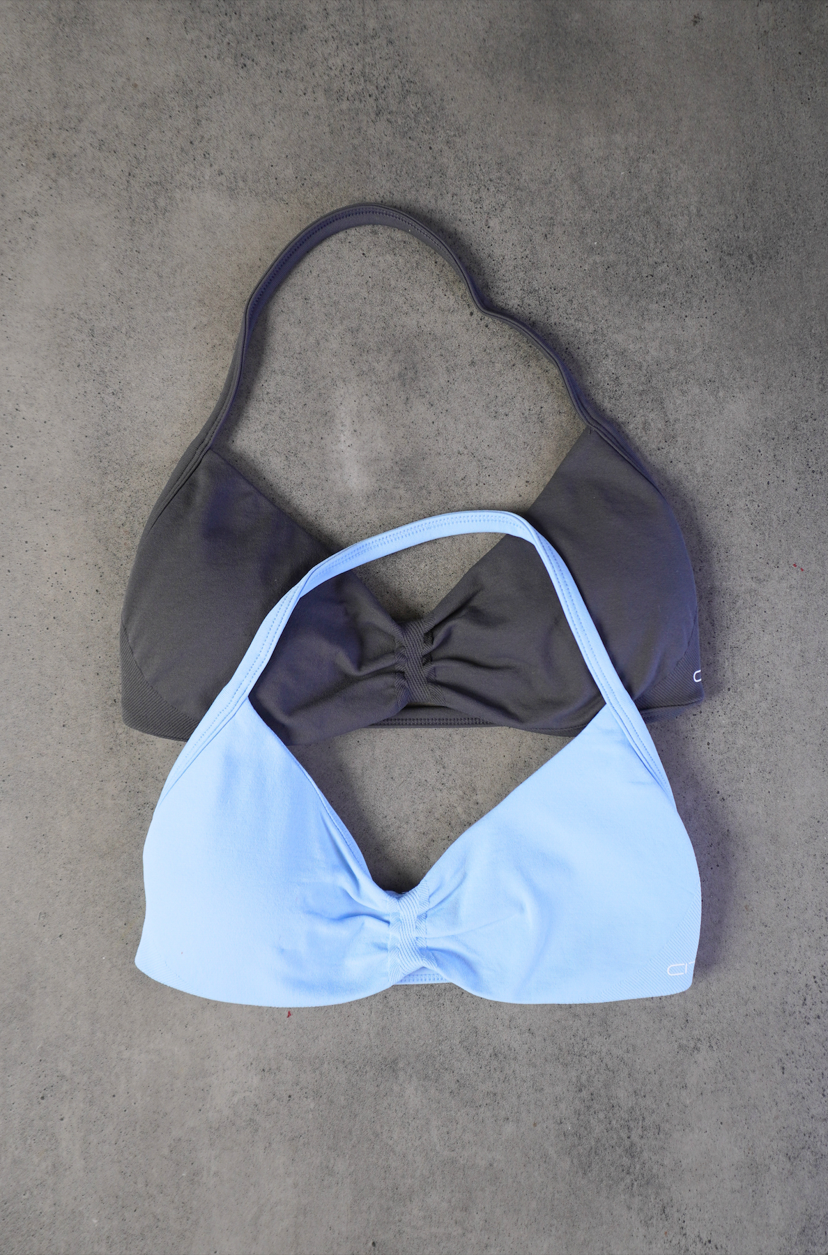 TRUE SHAPE MINIMAL RUCHED HALTER CROP DUO - DARK GREY/BABY BLUE