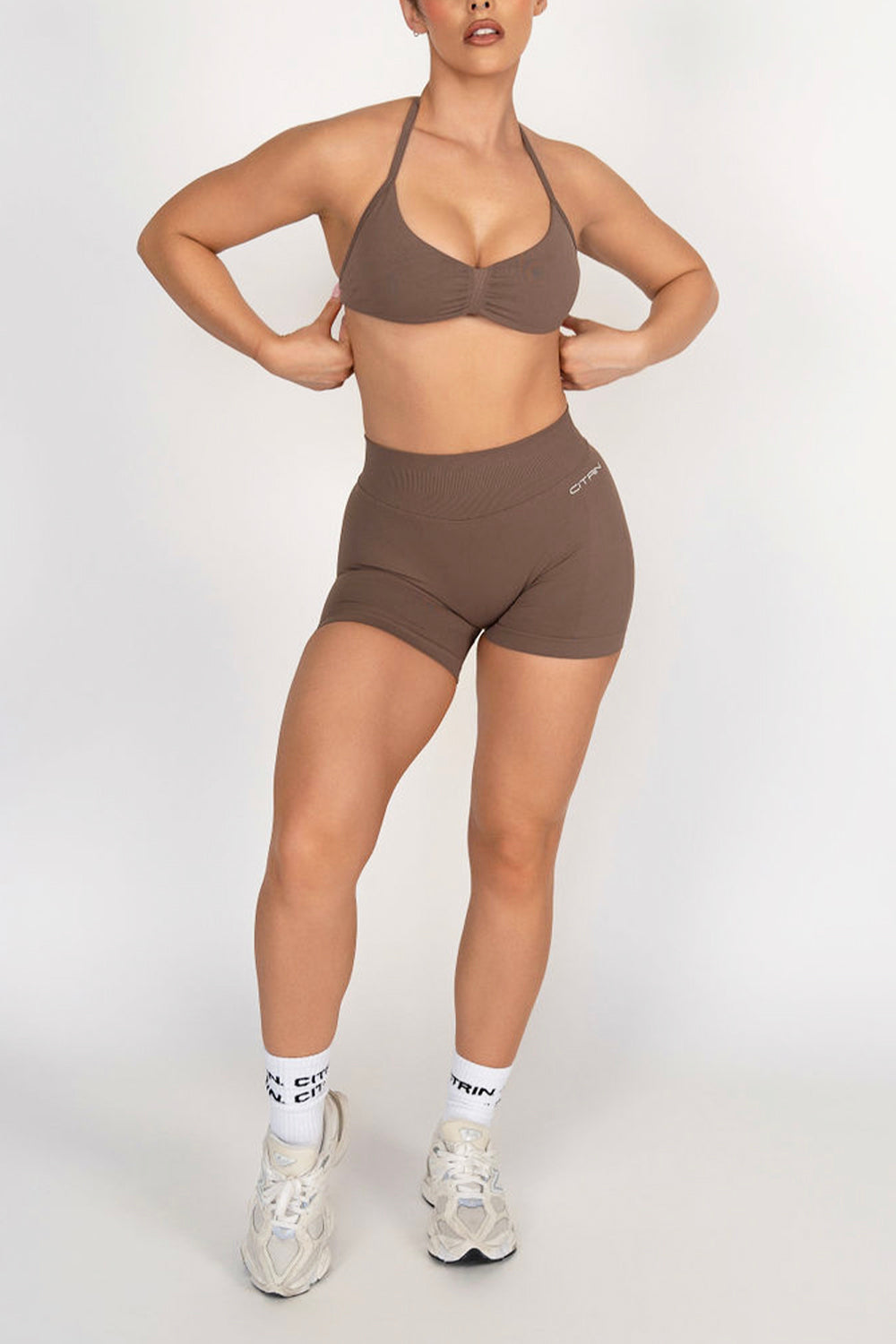 TRUE SHAPE MINIMAL RUCHED HALTER CROP - MOCHA