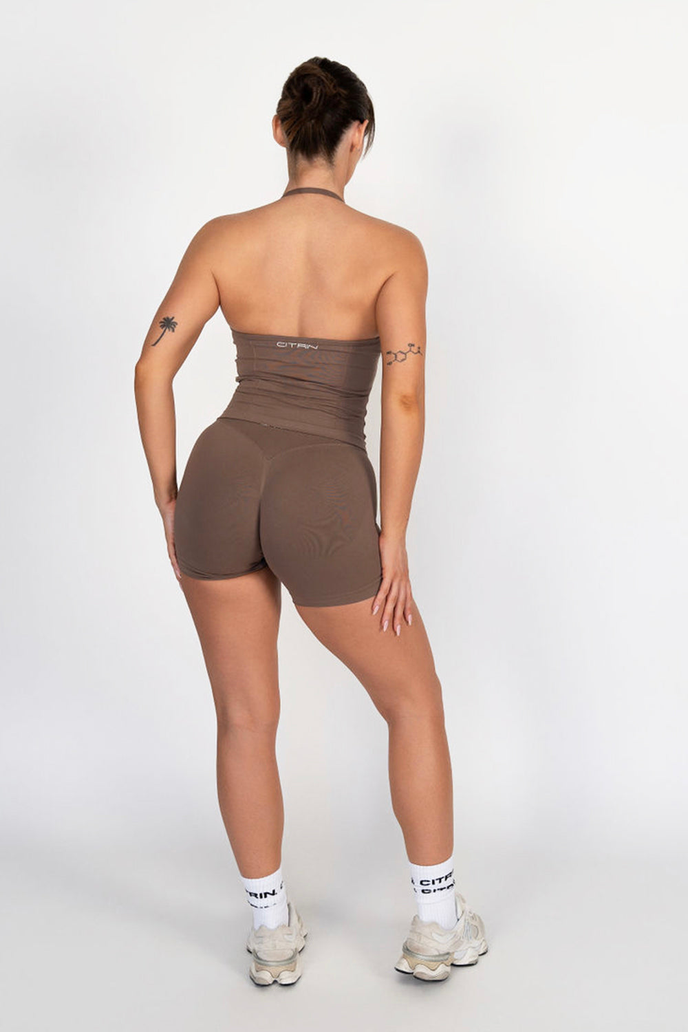 TRUE SHAPE RUCHED HALTER TANK - MOCHA