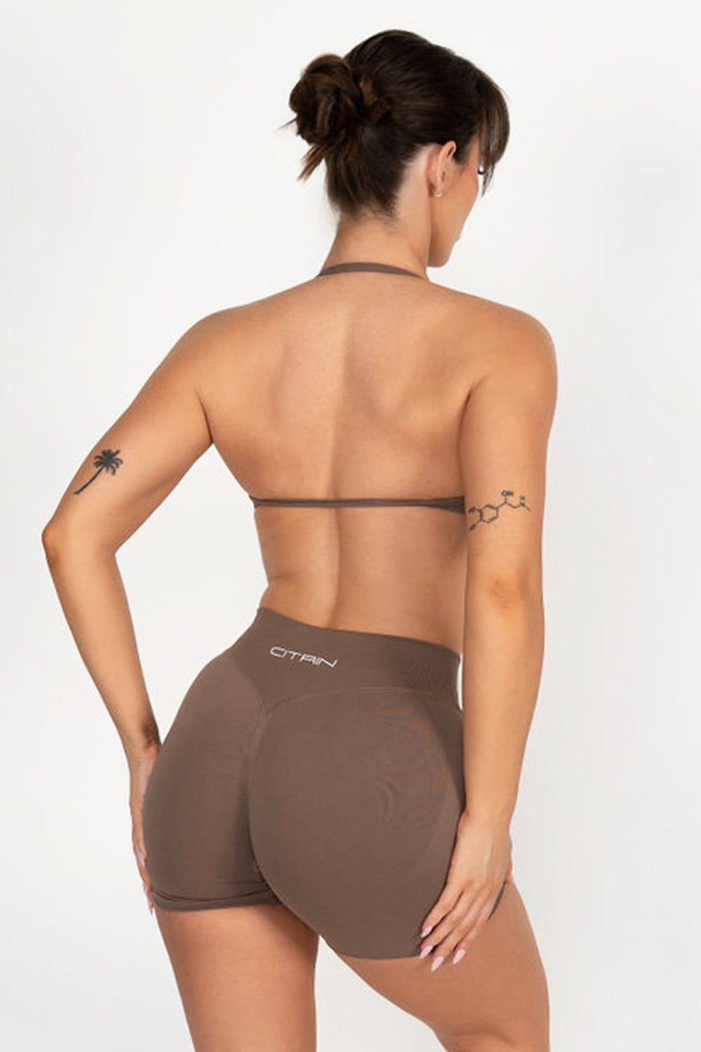 TRUE SHAPE MINIMAL RUCHED HALTER CROP - MOCHA