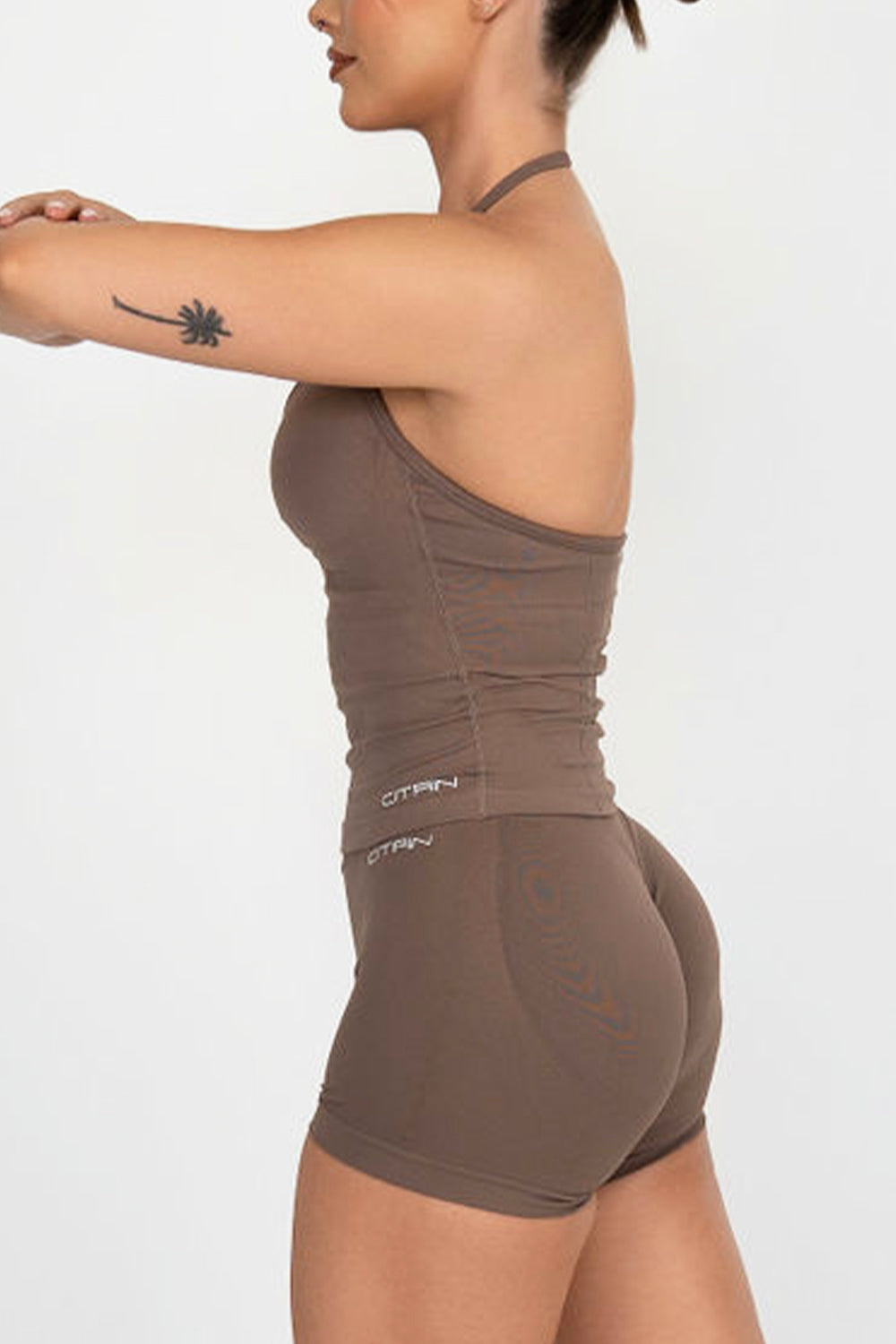 TRUE SHAPE RUCHED HALTER TANK - MOCHA