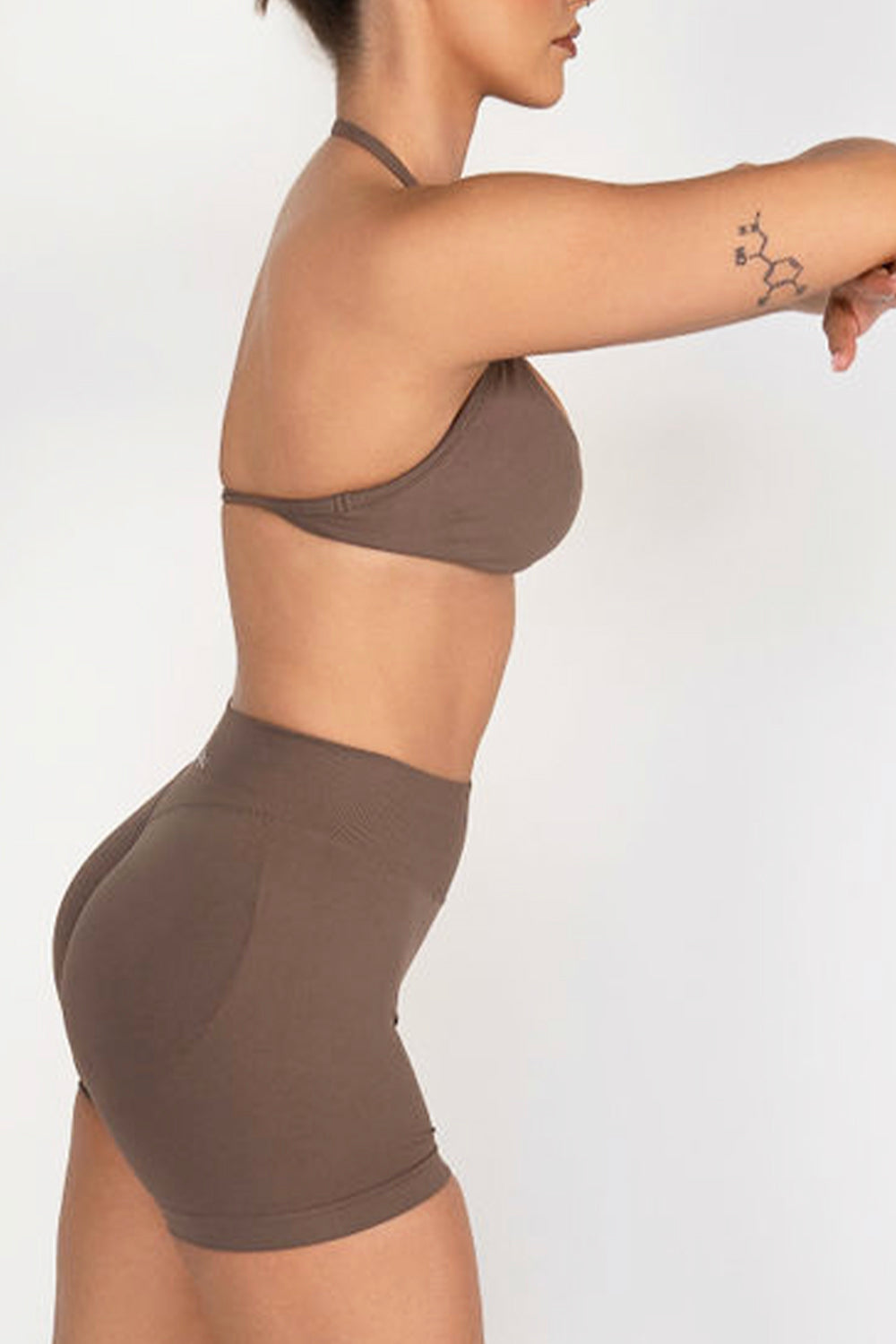 TRUE SHAPE MINIMAL RUCHED HALTER CROP - MOCHA