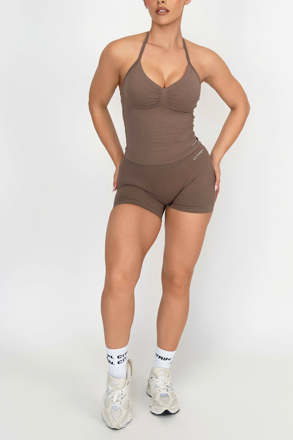TRUE SHAPE RUCHED HALTER TANK - MOCHA