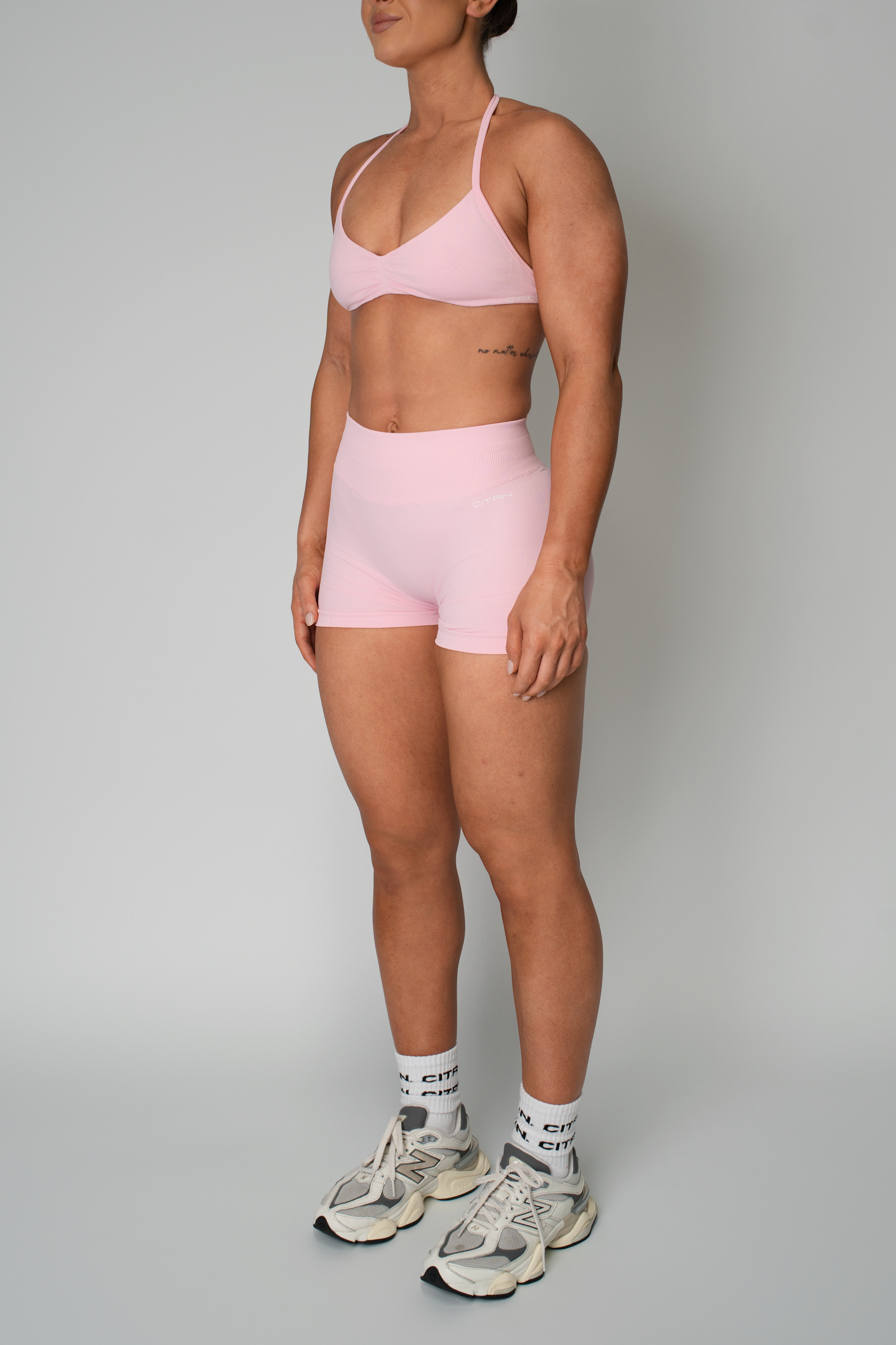 TRUE SHAPE MINIMAL RUCHED HALTER CROP - BABY PINK