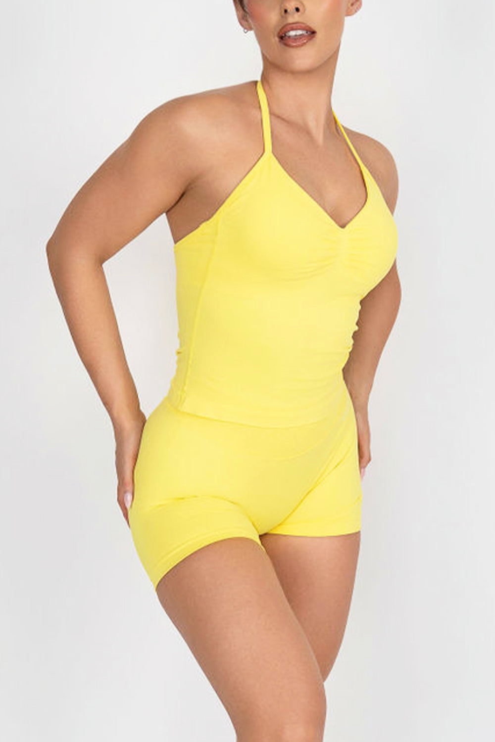 TRUE SHAPE RUCHED HALTER TANK  - BRIGHT YELLOW
