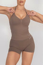 TRUE SHAPE RUCHED HALTER TANK  - MOCHA