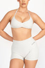 TRUE SHAPE MINIMAL RUCHED HALTER CROP - LIGHT GREY